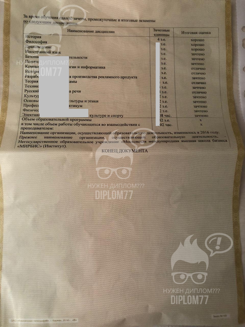 Предметы к академической справке об обучении МИРБИС