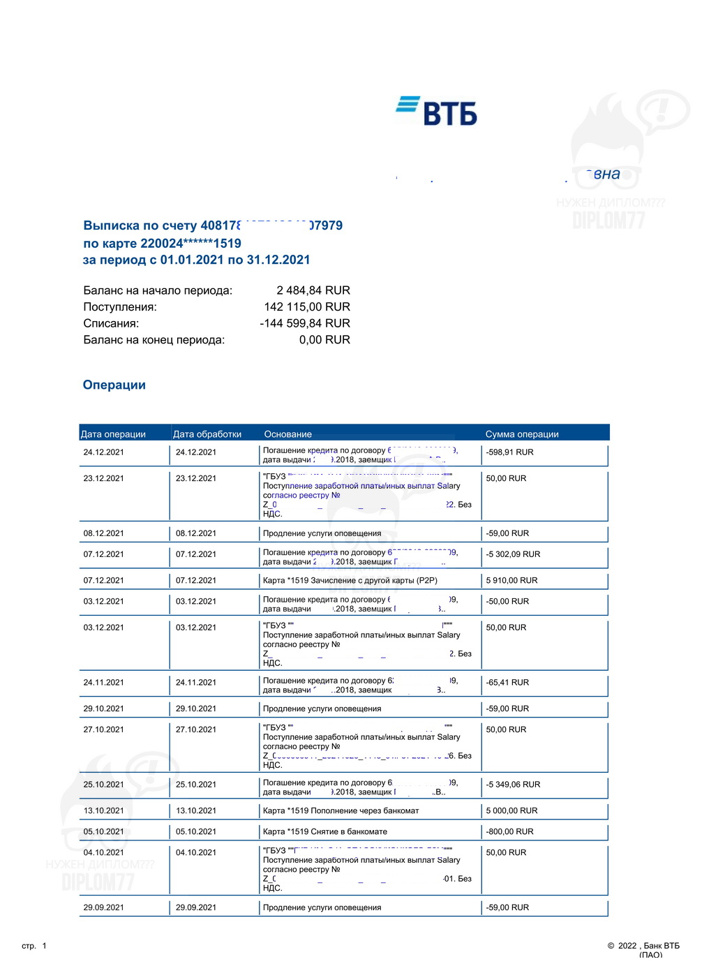 ВТБ банк Выписка по кредитному счёту (2021 г.)